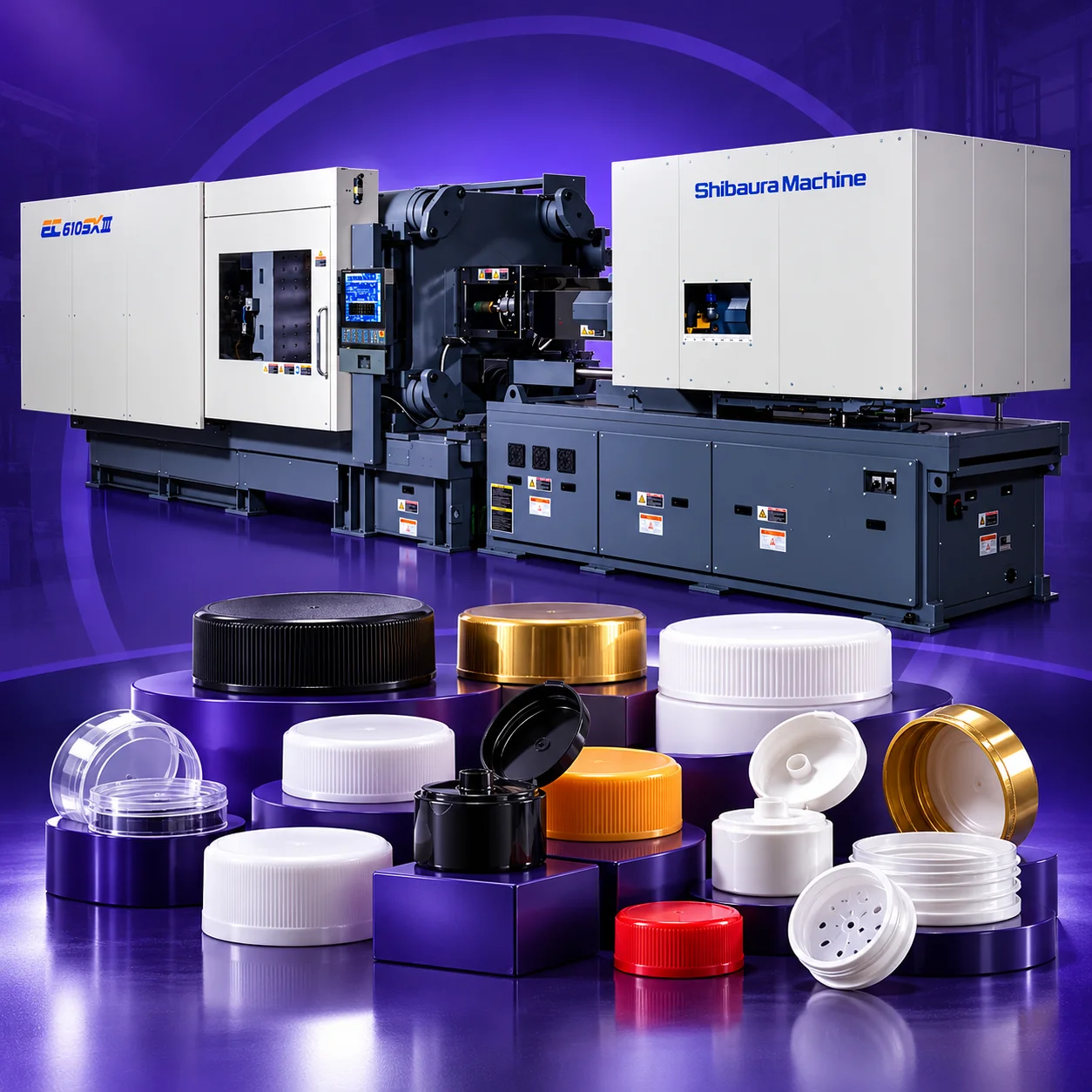 Injection moulding machine with caps and closures made by Pureform Packs