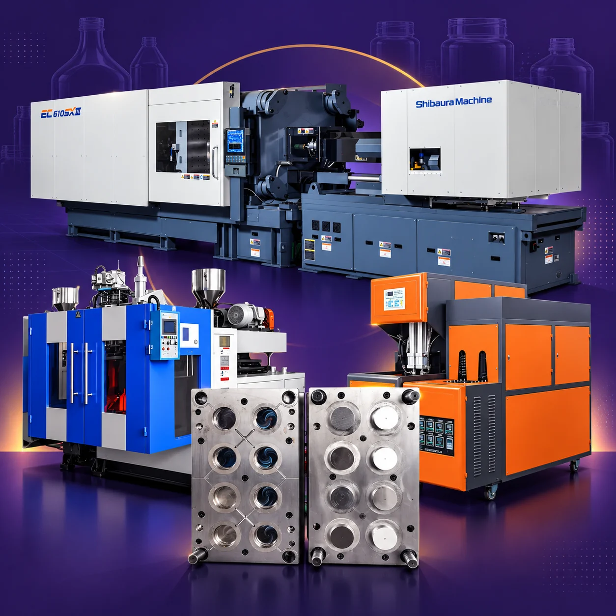 Injection and blow moulding machines with a multi-cavity precision mould
